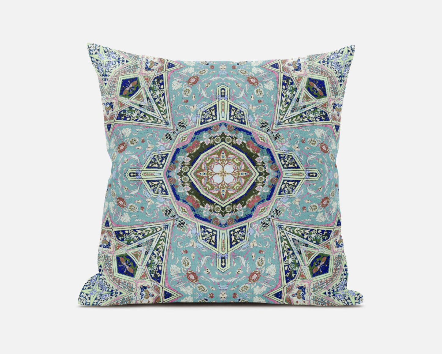 16" Aqua Blue Floral Geometric Suede Throw Pillow