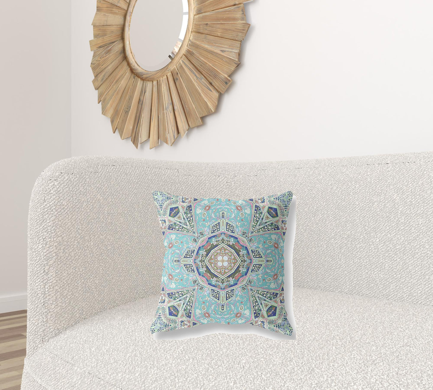 18" Aqua Blue Floral Geometric Suede Throw Pillow