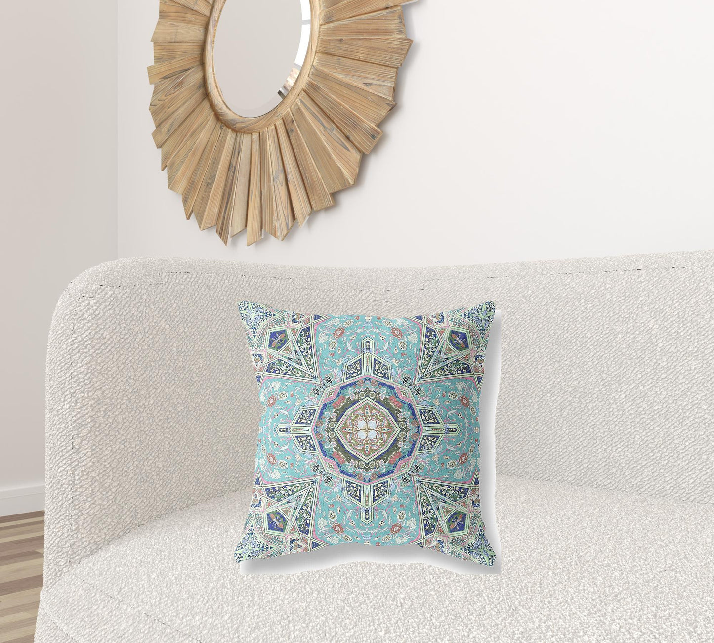 18" Aqua Blue Floral Geometric Suede Throw Pillow