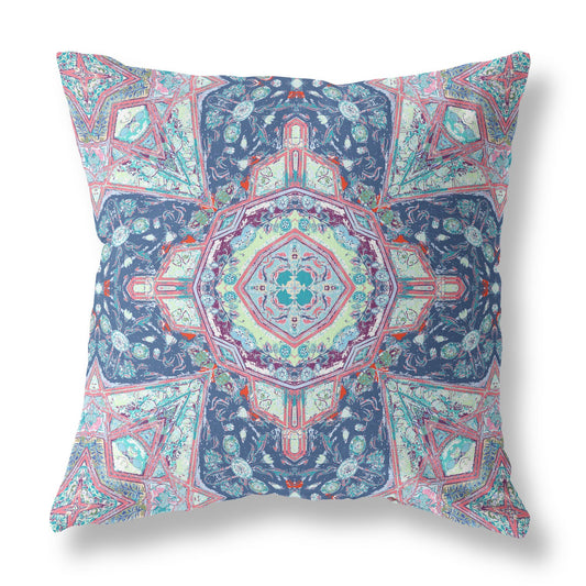 16" Light Blue Pink Floral Geometric Suede Throw Pillow
