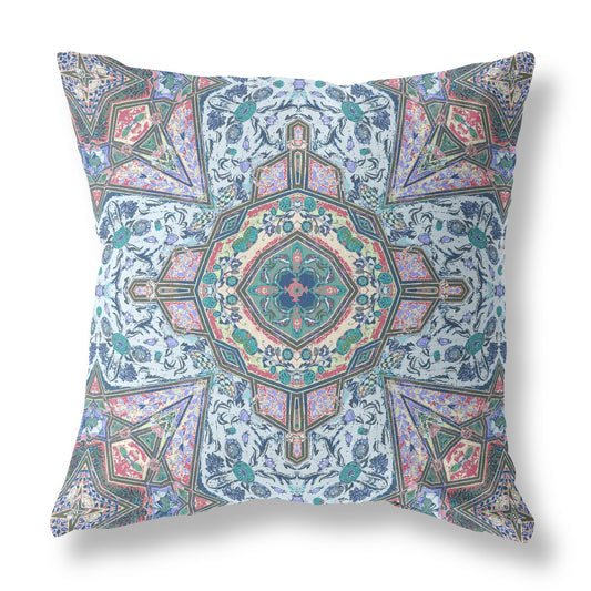 16" Pale Blue Pink Floral Medallion Suede Throw Pillow