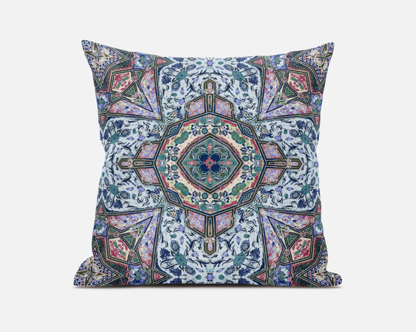 16" Pale Blue Pink Floral Medallion Suede Throw Pillow