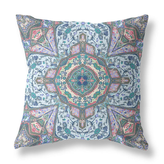 18" Pale Blue Pink Floral Medallion Suede Throw Pillow