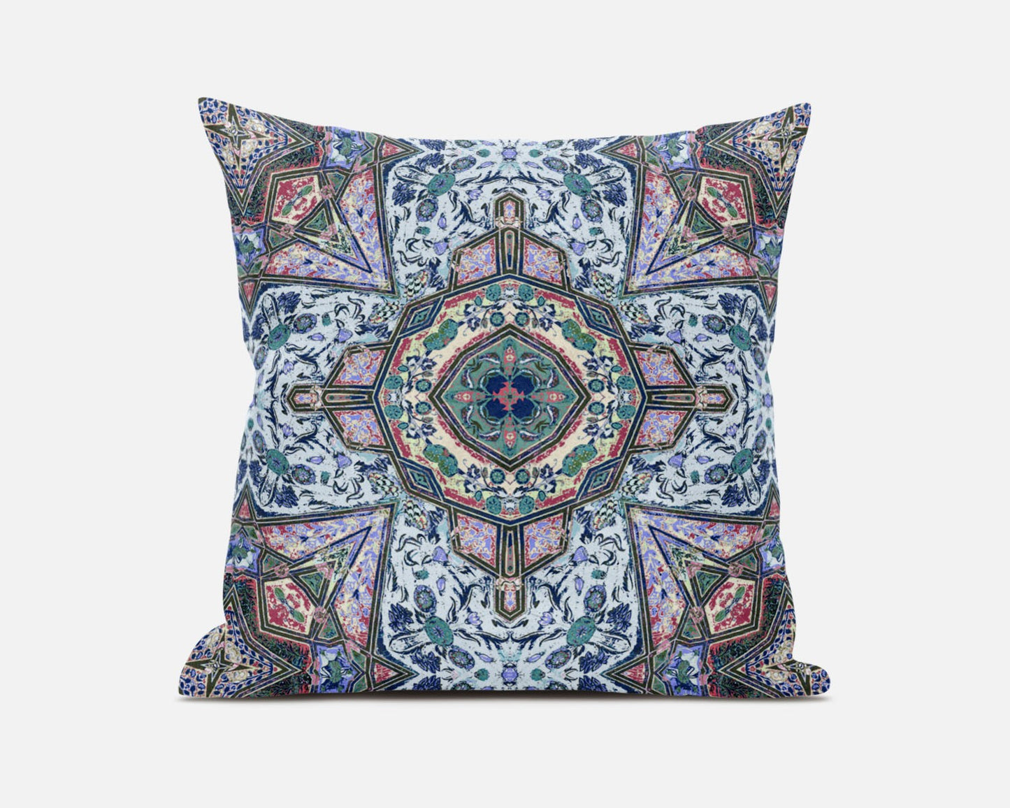 18" Pale Blue Pink Floral Medallion Suede Throw Pillow