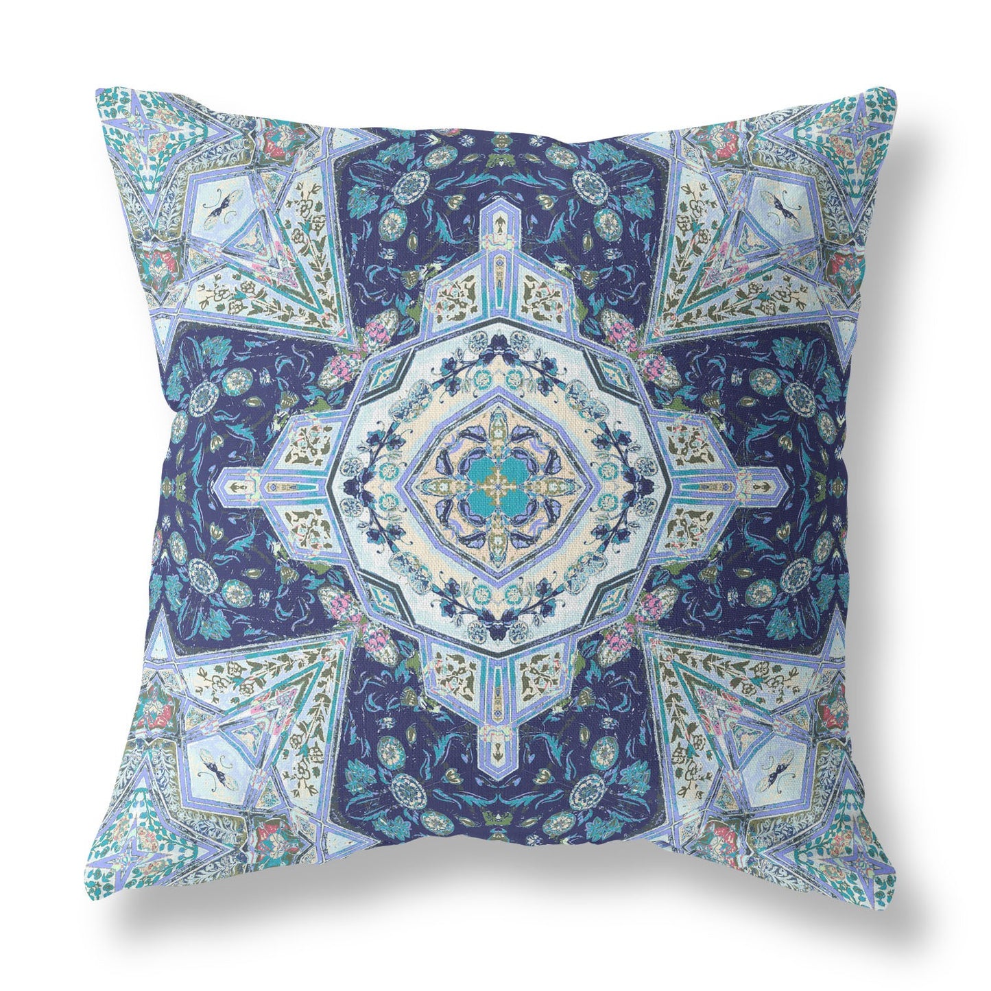 16" Indigo Blue Boho Floral Geo Suede Throw Pillow