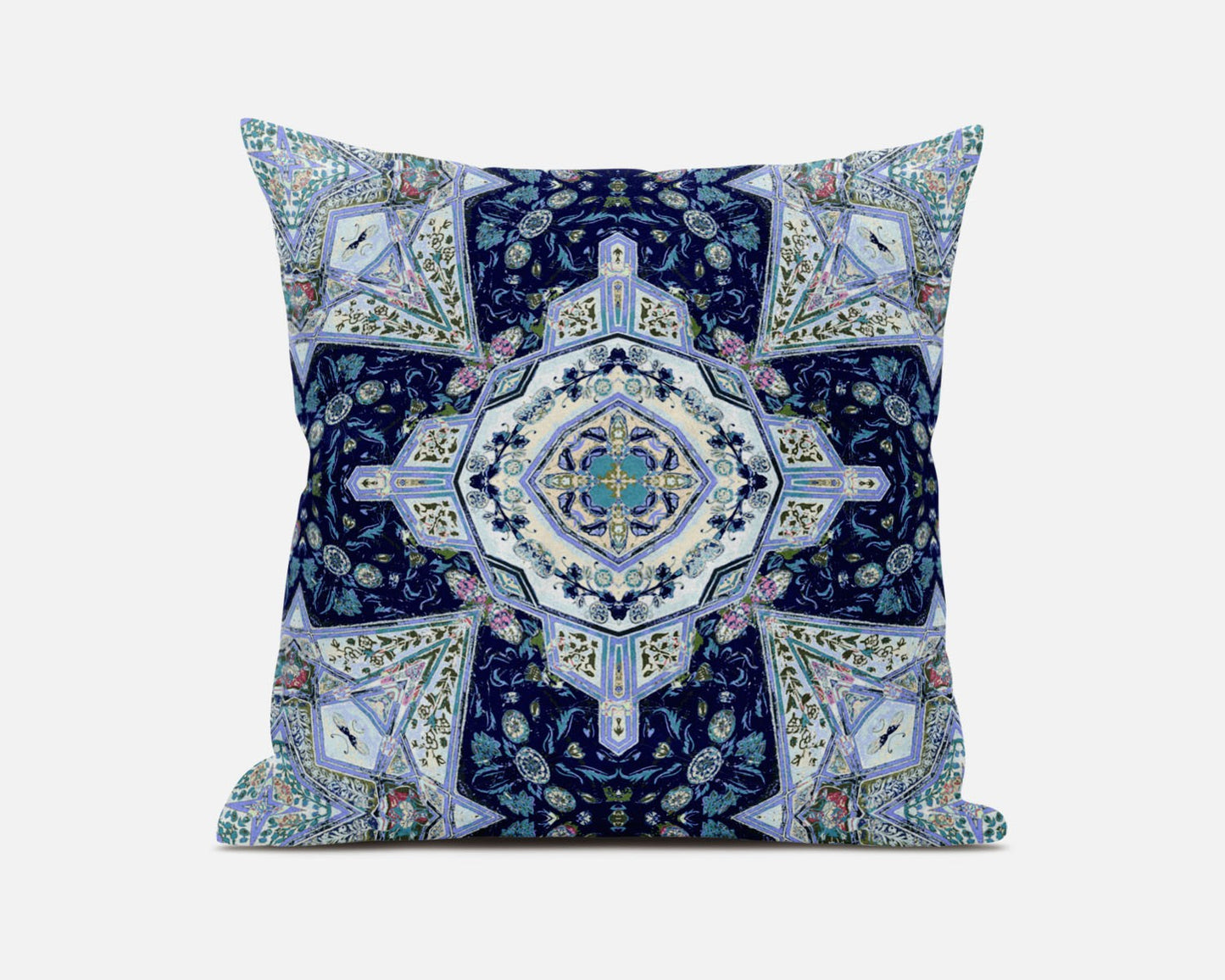 16" Indigo Blue Boho Floral Geo Suede Throw Pillow