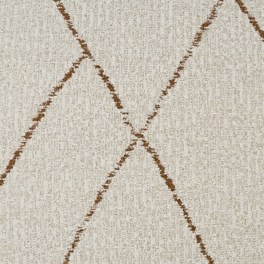Beige textured rug with brown diagonal lines forming diamond pattern; cozy geometric area rug.