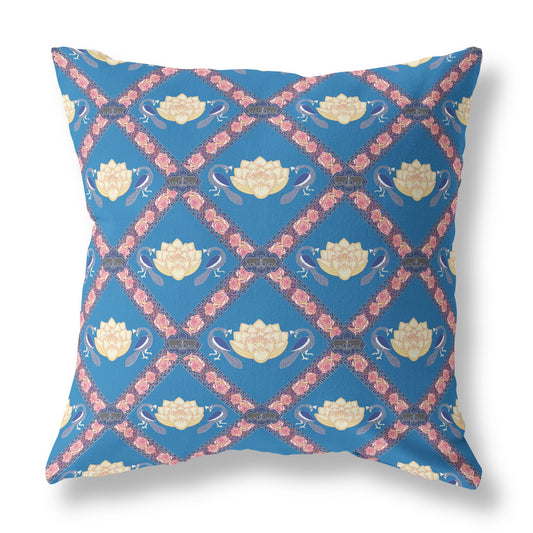 16" X 16" Blue Yellow And Pink Lotus Floral Blown Seam Suede Throw Pillow