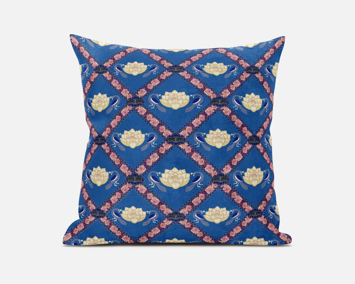 16" X 16" Blue Yellow And Pink Lotus Floral Blown Seam Suede Throw Pillow