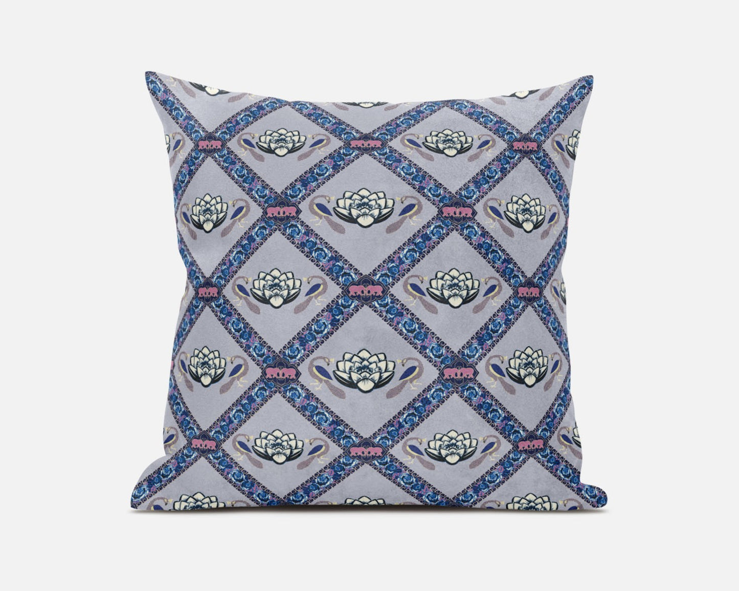 16" X 16" Gray Sea Blue Pink Lotus Floral Blown Seam Suede Throw Pillow