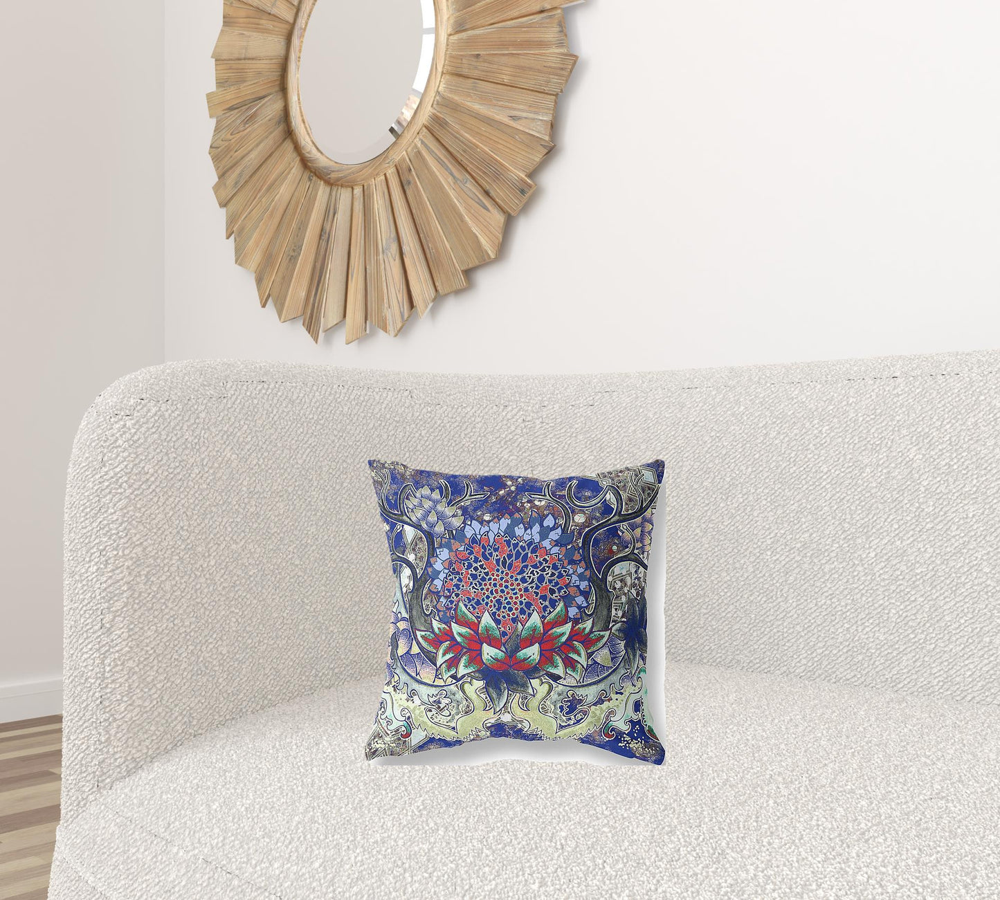 16” Blue Red Flower Bloom Suede Throw Pillow