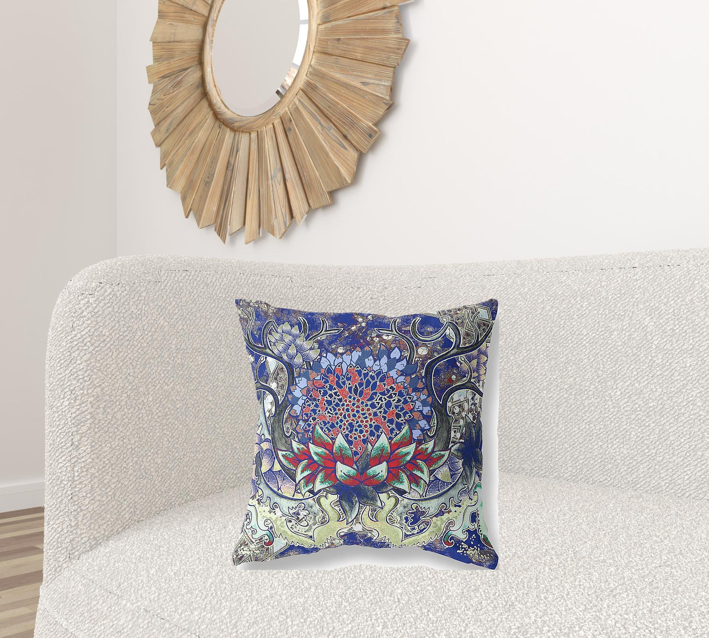 18” Blue Red Flower Bloom Suede Throw Pillow