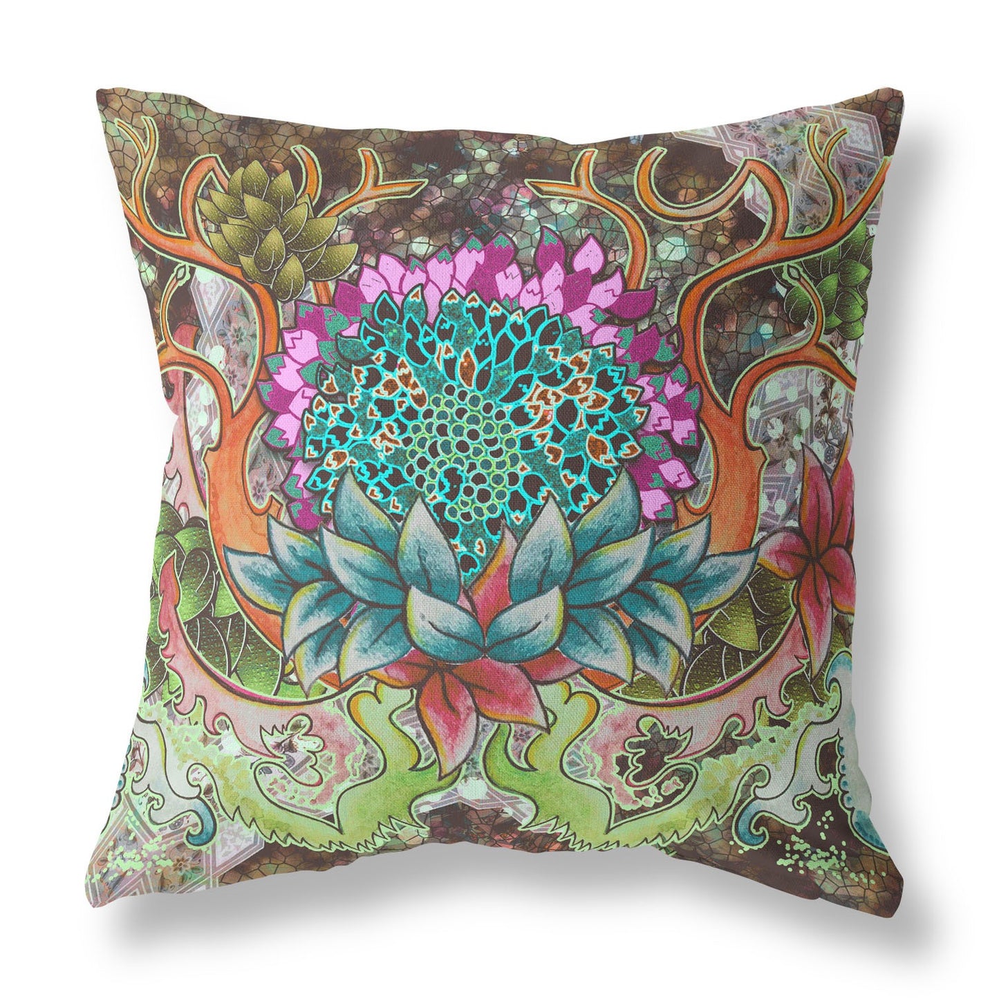 18” Green Orange Flower Bloom Suede Throw Pillow