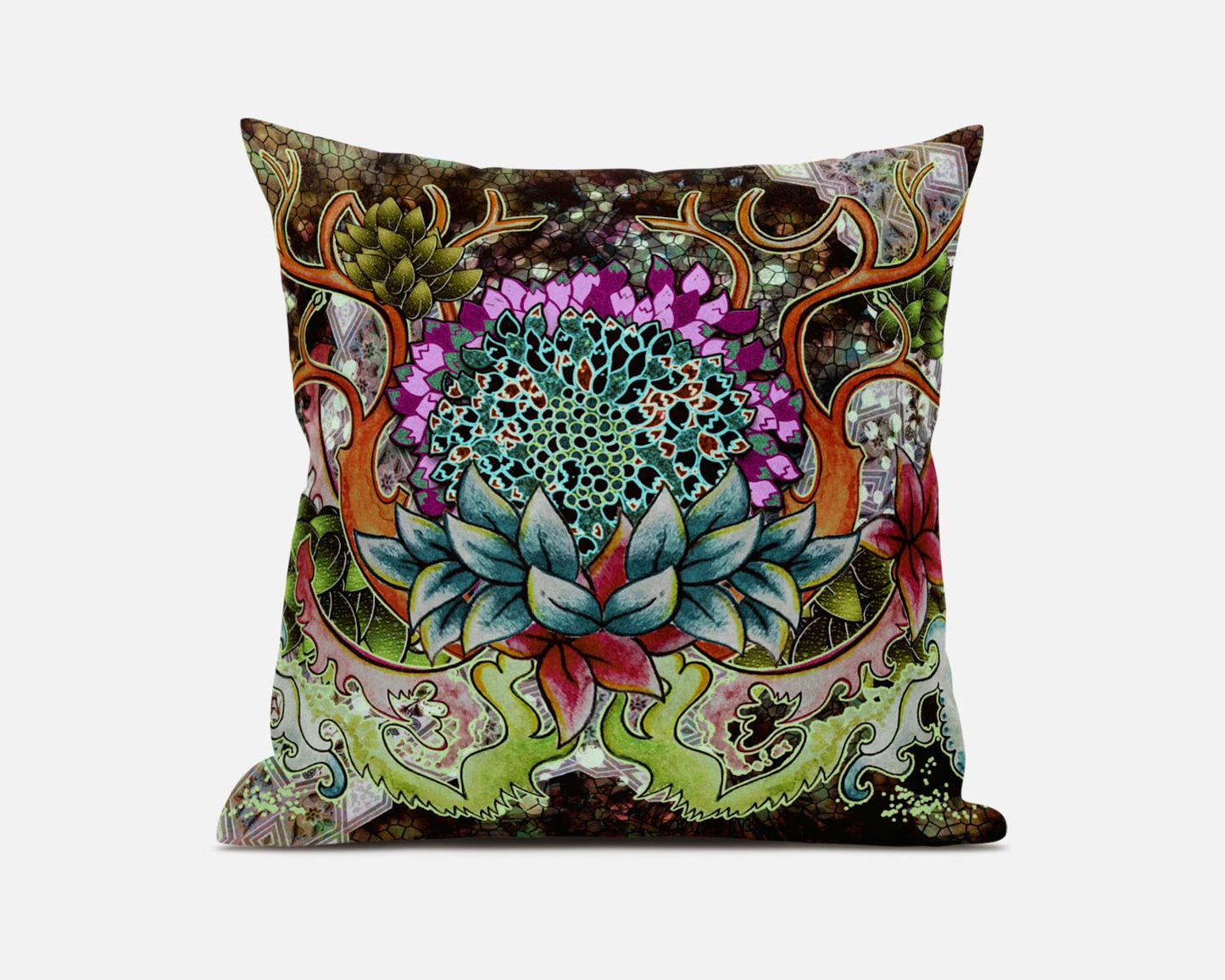 18” Green Orange Flower Bloom Suede Throw Pillow