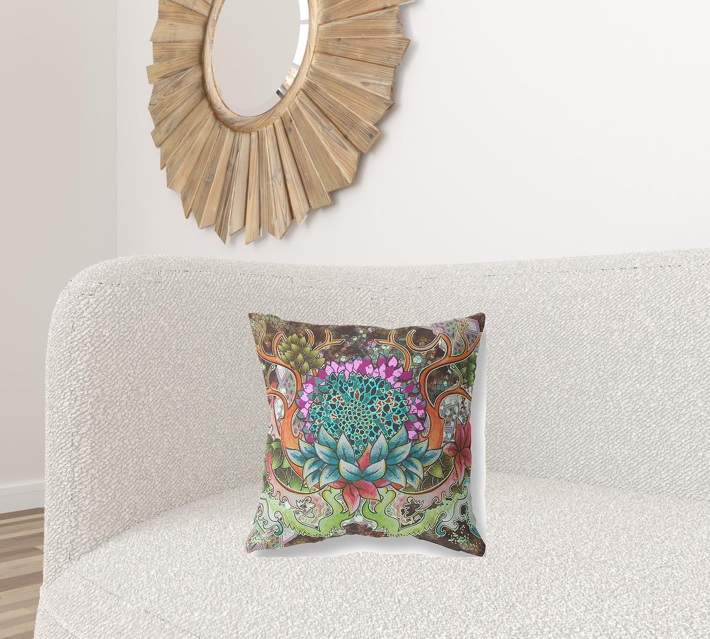 18” Green Orange Flower Bloom Suede Throw Pillow