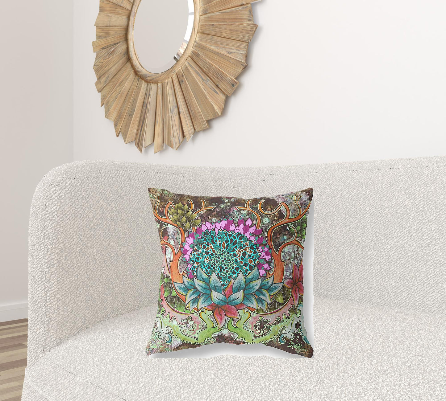 18” Green Orange Flower Bloom Suede Throw Pillow