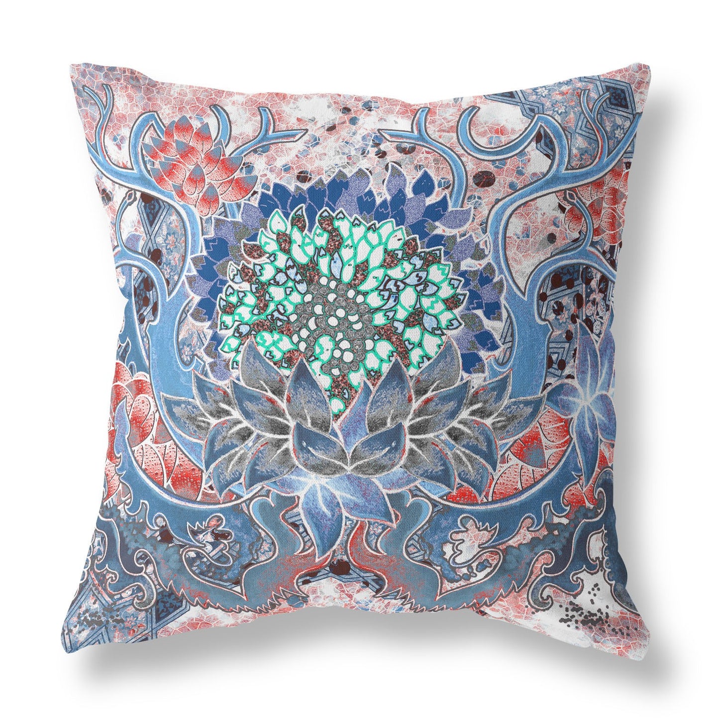 18” Blue Pink Flower Bloom Suede Throw Pillow