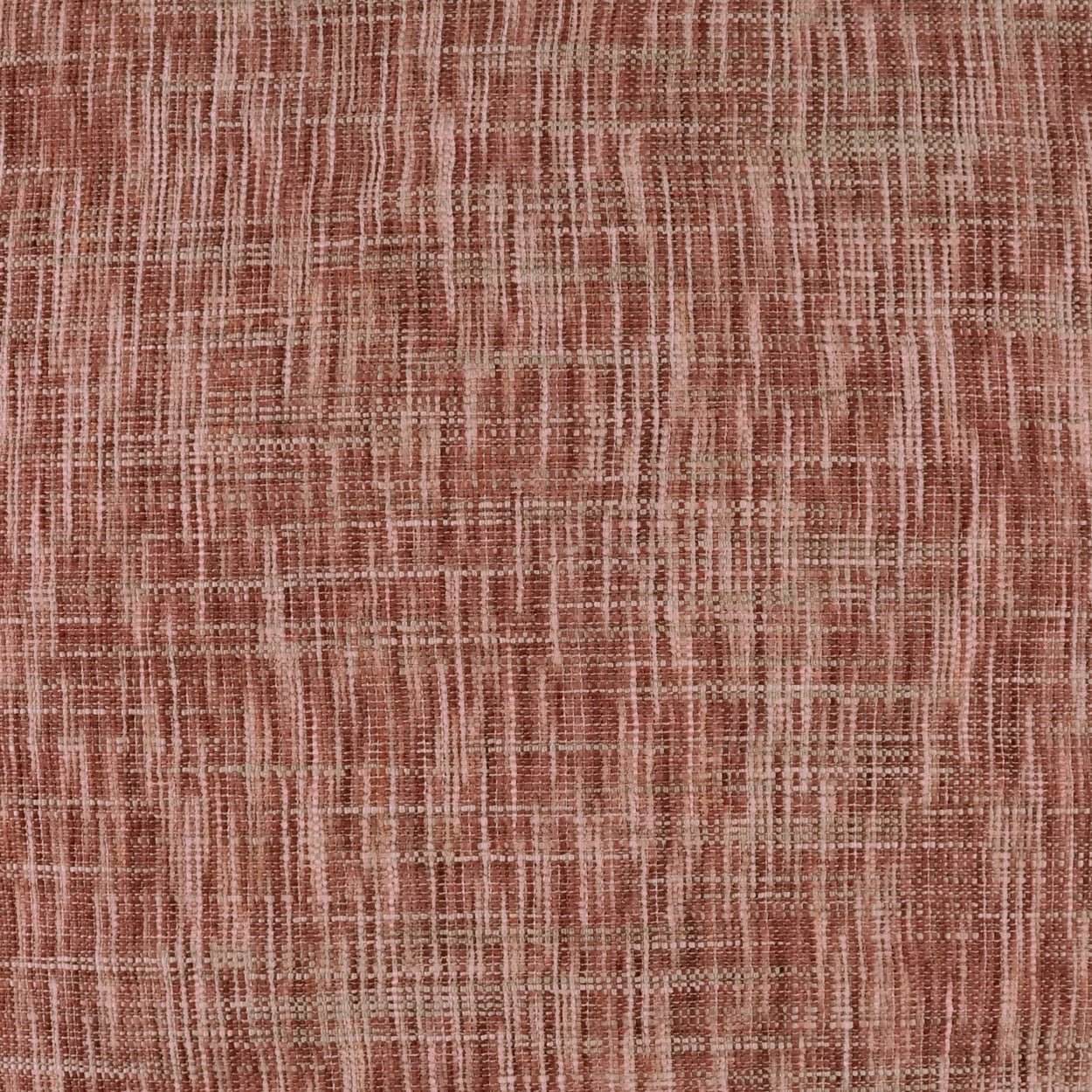 Rust-red woven fabric with textured grid pattern and faint circular motifs; soft upholstery or drapery textile.