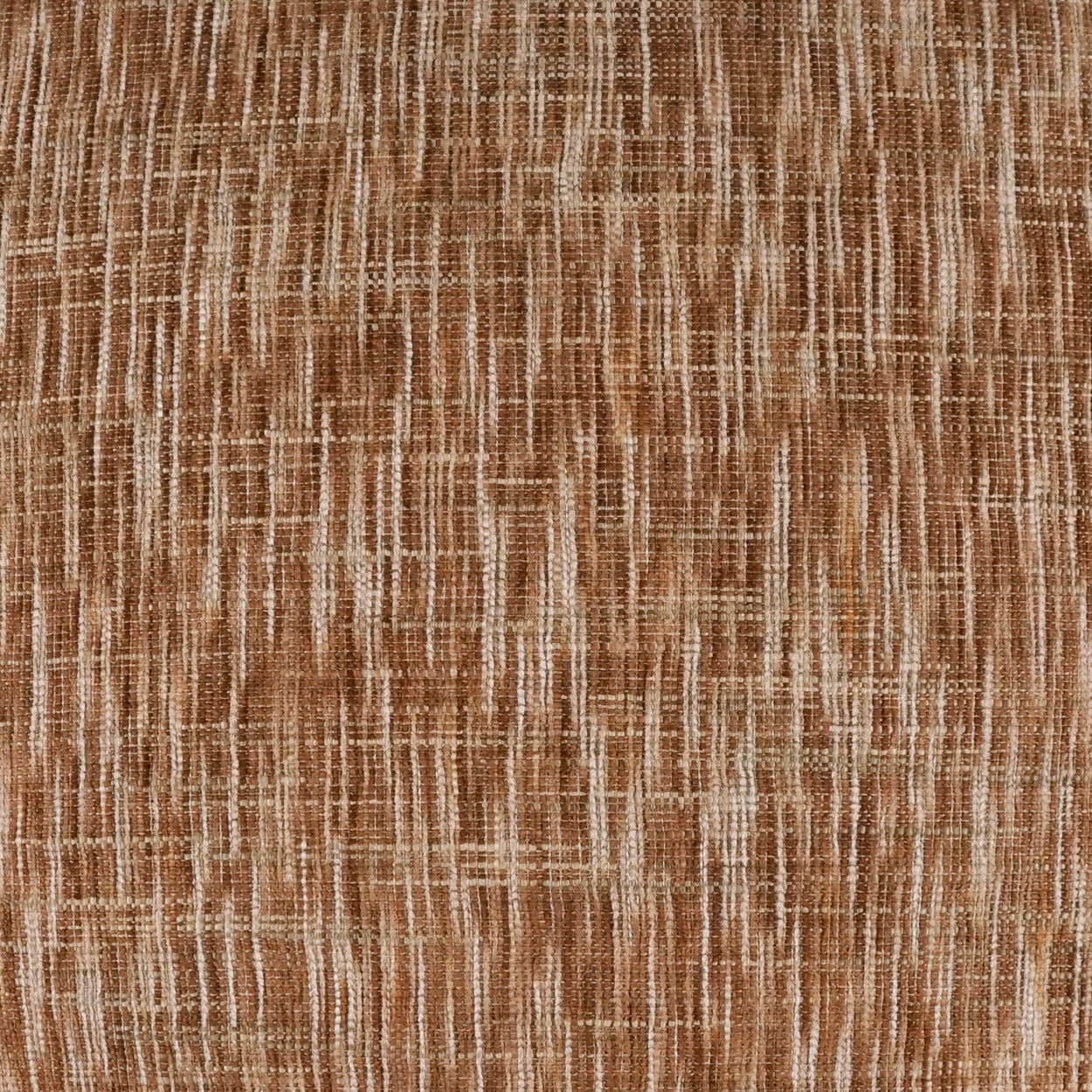 Brown woven upholstery fabric with light beige vertical streaks and linen-like texture.