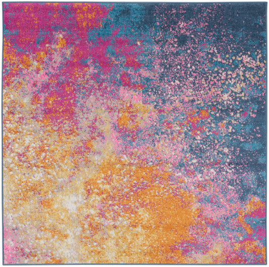 Abstract multicolor square rug with pink, orange, yellow, teal and blue splatter pattern; bold decorative piece.