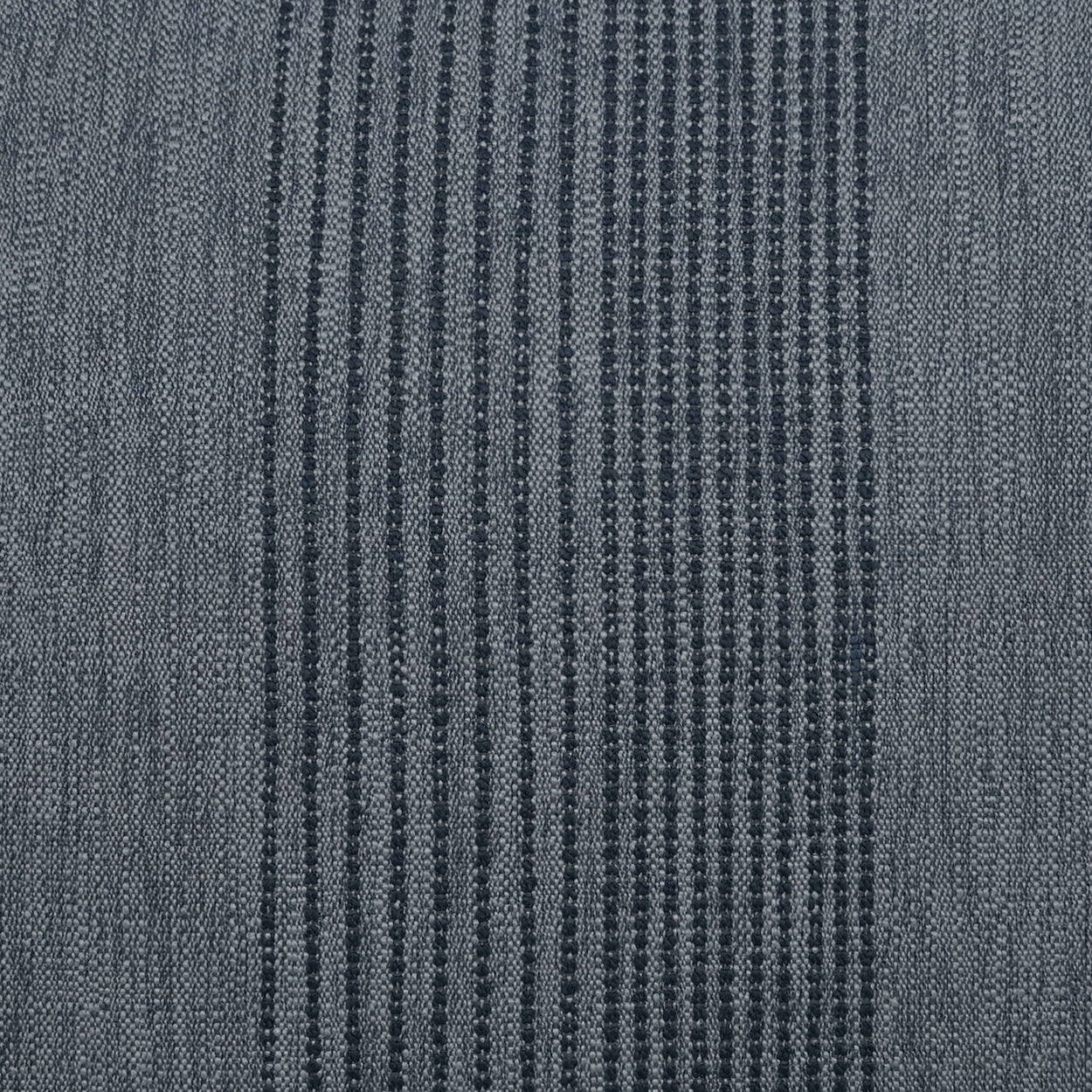 Blue-gray woven fabric with dark navy vertical stripes; denim-like upholstery or drapery material.