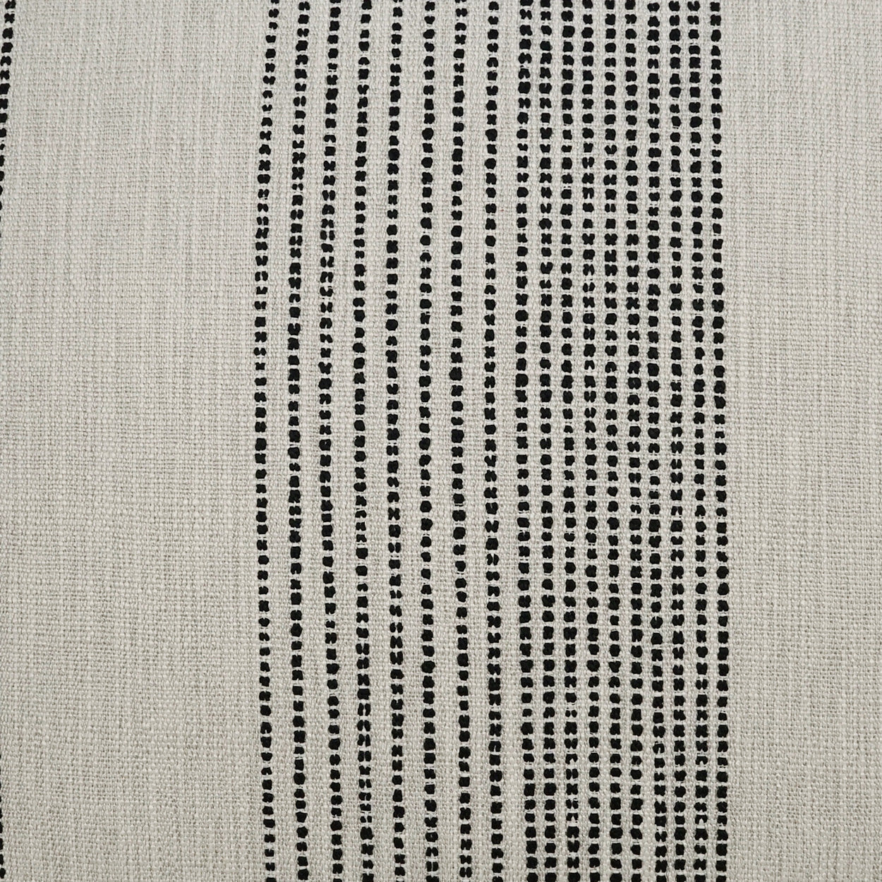 Beige woven fabric with vertical black dotted stripes; minimalist textile for upholstery or curtains.