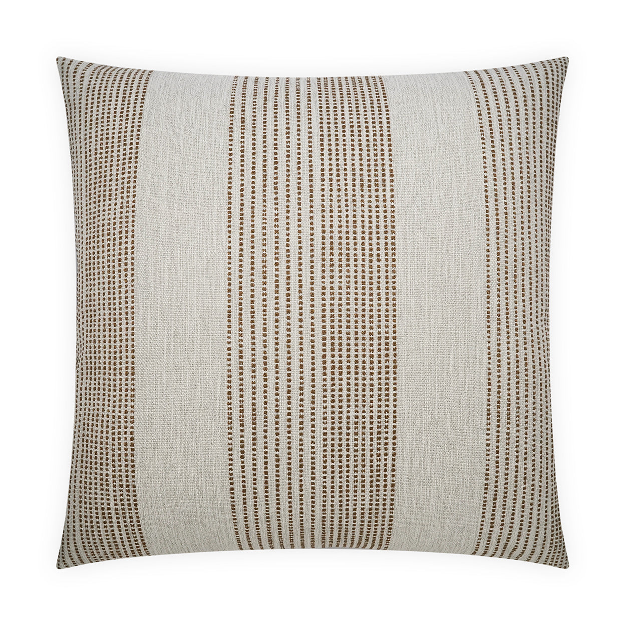 Square decorative throw pillow with beige base & brown stripes.