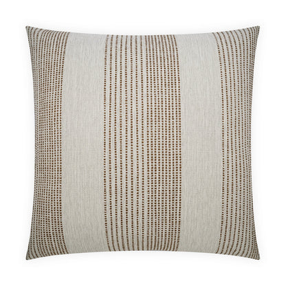 Square decorative throw pillow with beige base & brown stripes.
