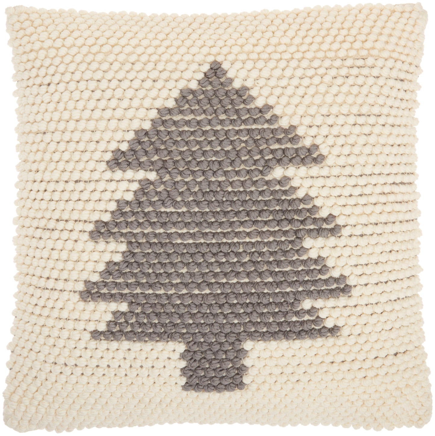 Cream square textured knit pillow with a gray Christmas tree silhouette.