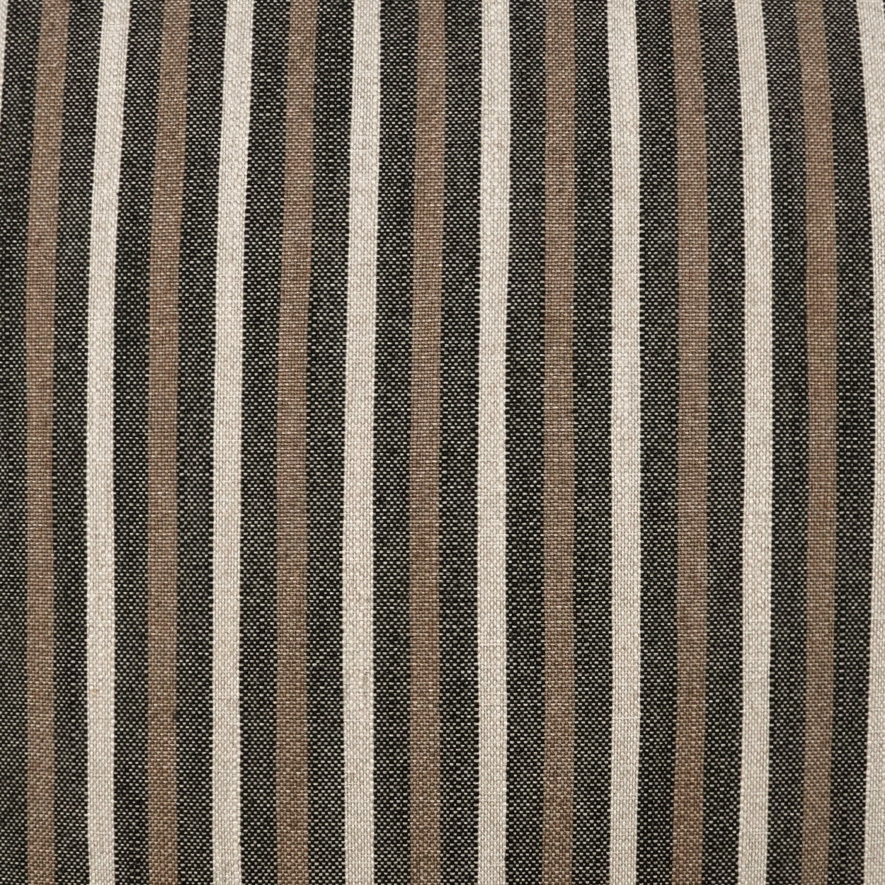 Vertical striped fabric in tan, brown and black with a textured woven surface.