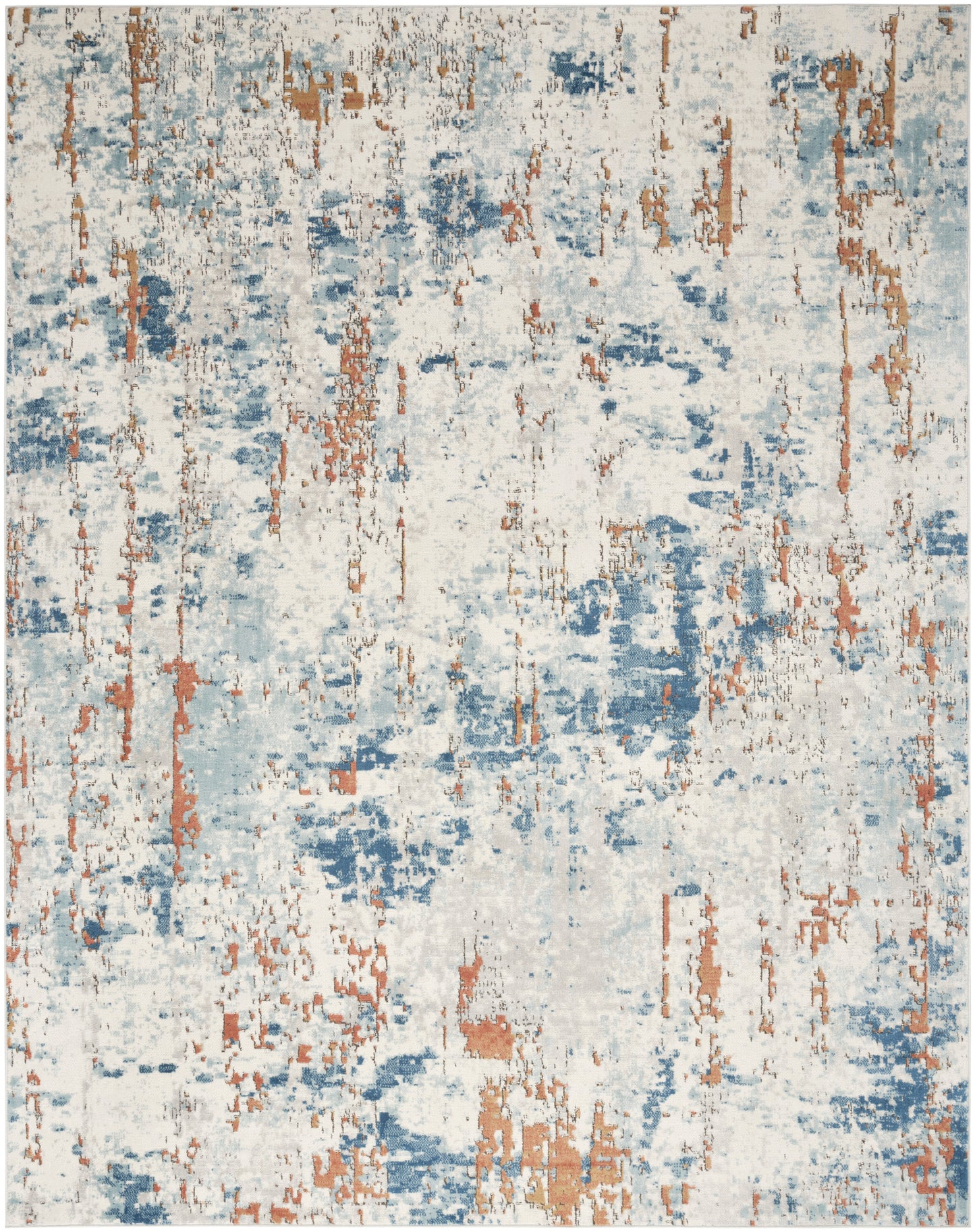 Rectangular abstract rug in blue, cream and rust with a distressed pattern; modern coastal vibe for living spaces.