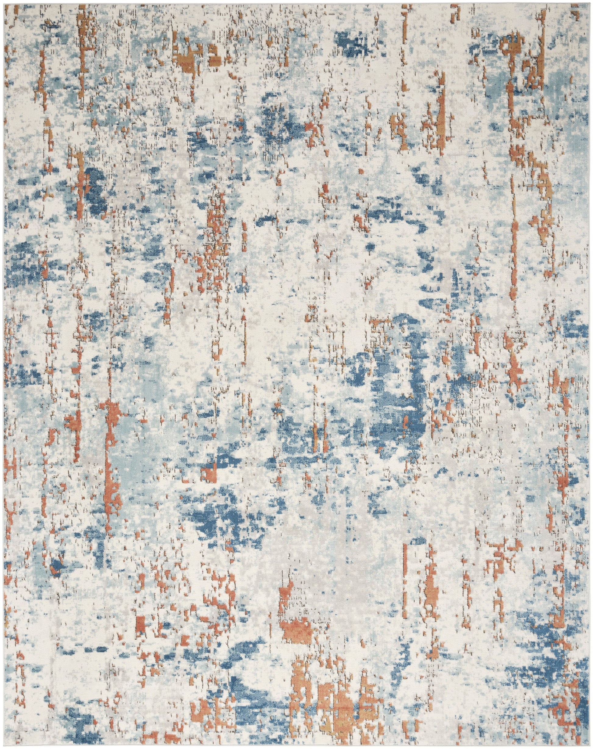 Rectangular abstract rug in blue, cream and rust with a distressed pattern; modern coastal vibe for living spaces.