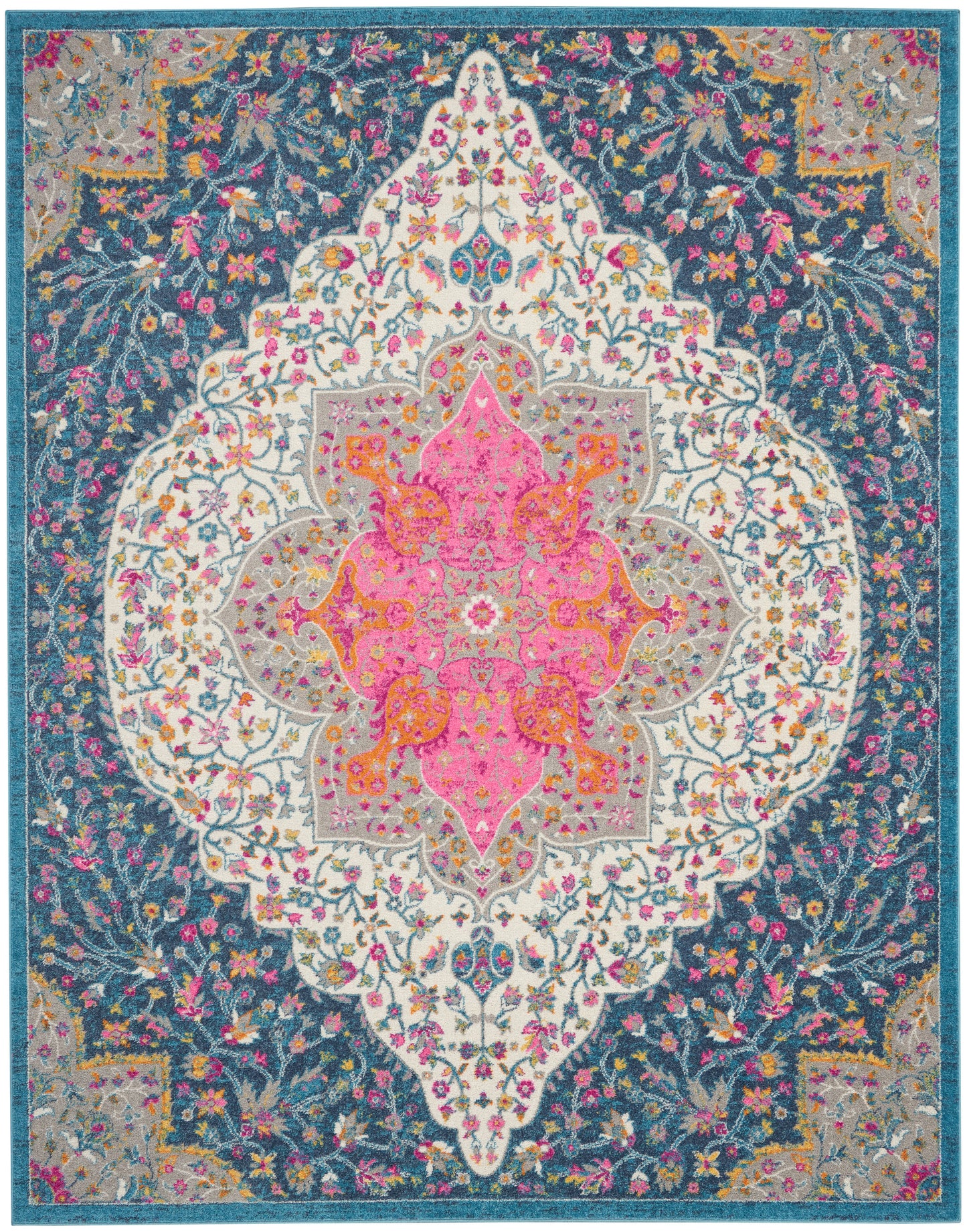 Farmhouse-style area rug with a vivid floral medallion: pink center, white lattice, teal field, gold and multicolor border.