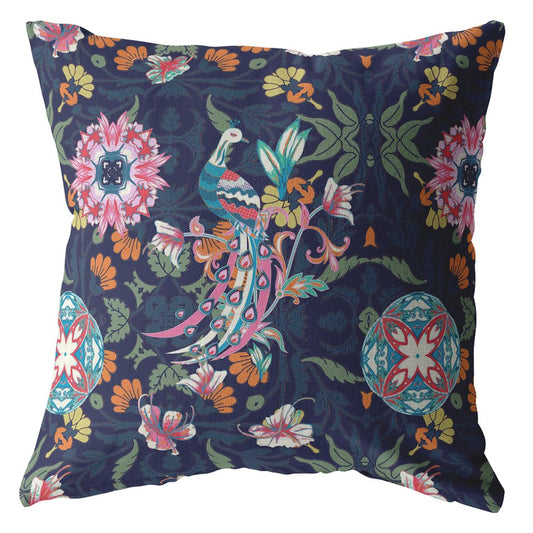 16" Navy Pink Peacock Suede Throw Pillow