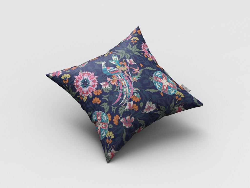16" Navy Pink Peacock Suede Throw Pillow
