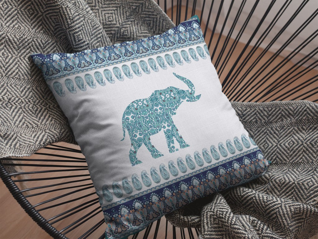 16” Teal Ornate Elephant Suede Throw Pillow