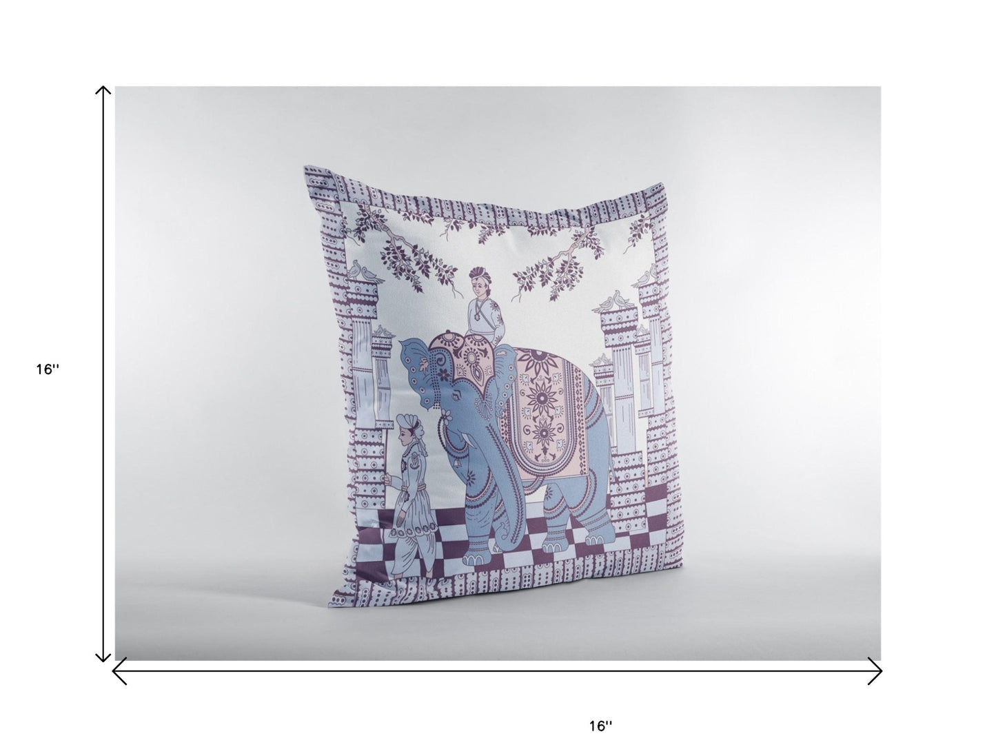 16” Blue Purple Ornate Elephant Suede Throw Pillow
