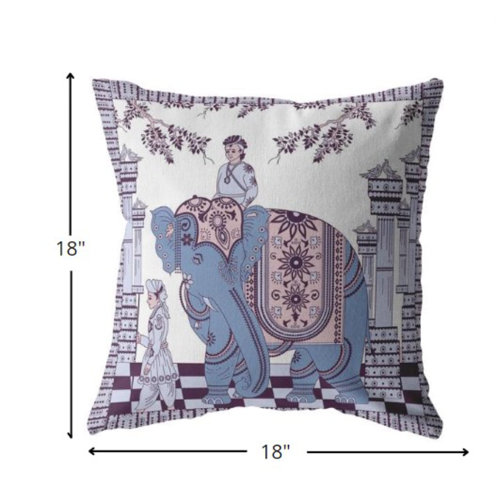 18” Blue Purple Ornate Elephant Suede Throw Pillow