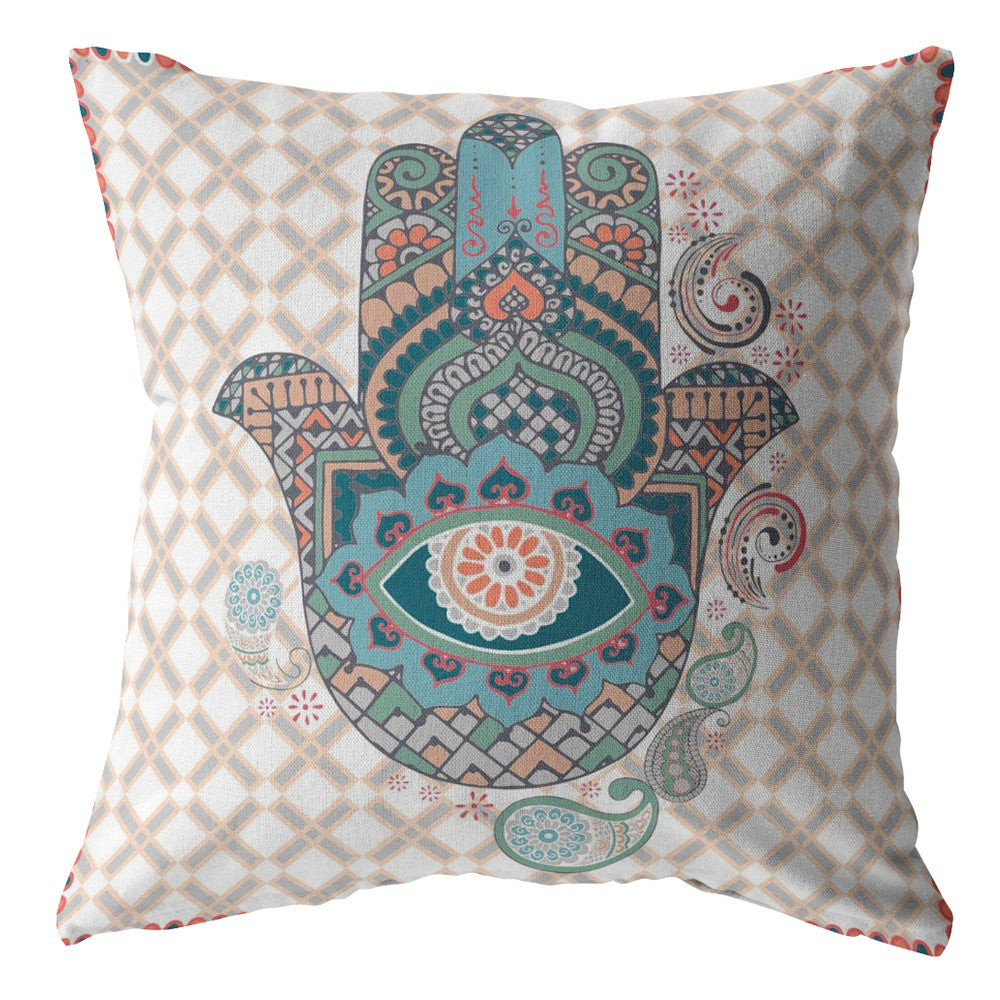 18” Blue Gray Hamsa Boho Suede Throw Pillow