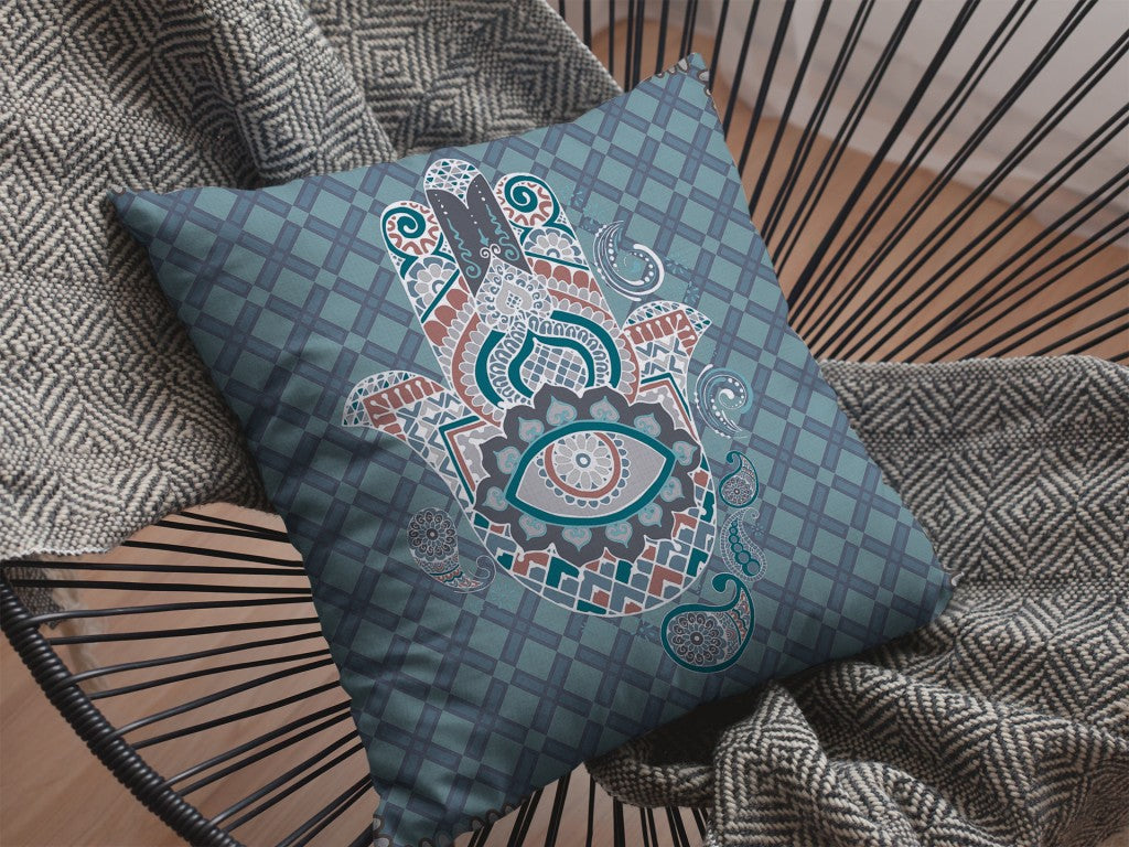 18” Slate Blue Hamsa Boho Suede Throw Pillow