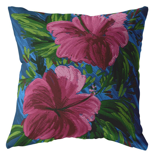 16” Pink Blue Hibiscus Suede Decorative Throw Pillow