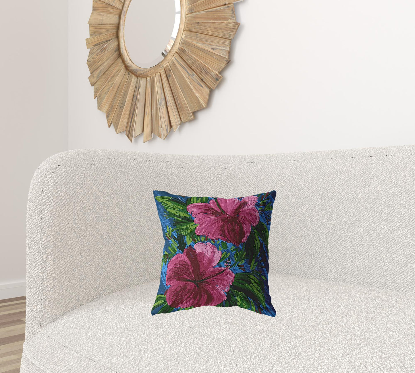 16” Pink Blue Hibiscus Suede Decorative Throw Pillow