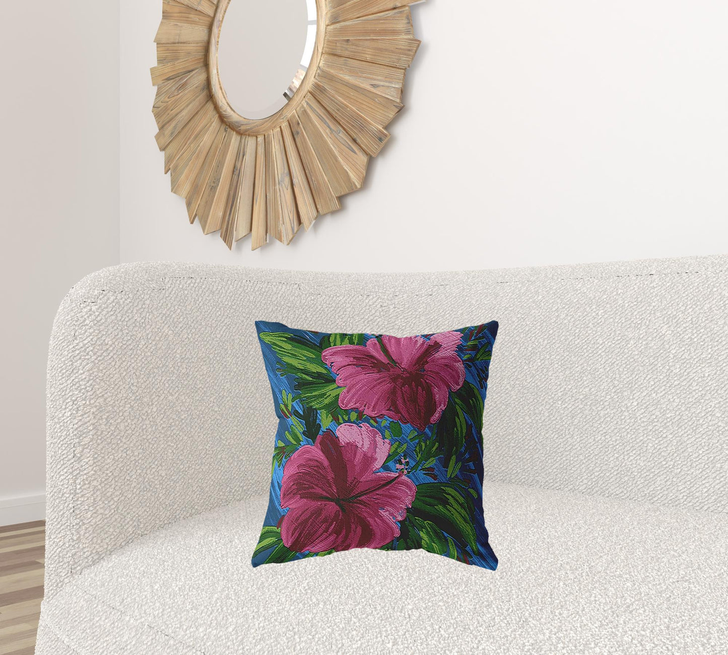 18” Pink Blue Hibiscus Suede Decorative Throw Pillow