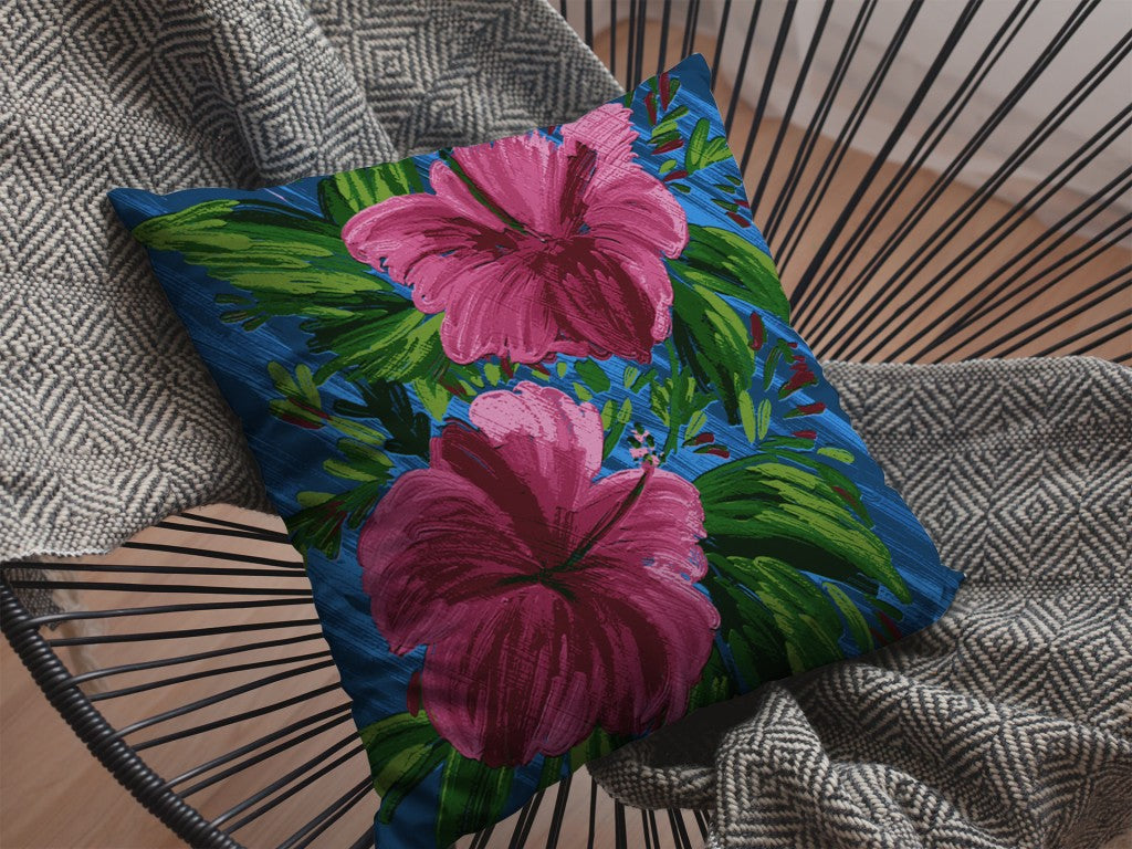 18” Pink Blue Hibiscus Suede Decorative Throw Pillow