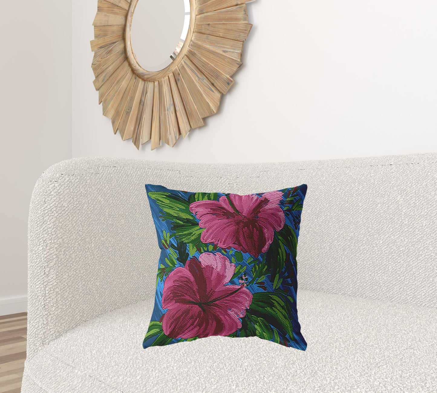 18” Pink Blue Hibiscus Suede Decorative Throw Pillow