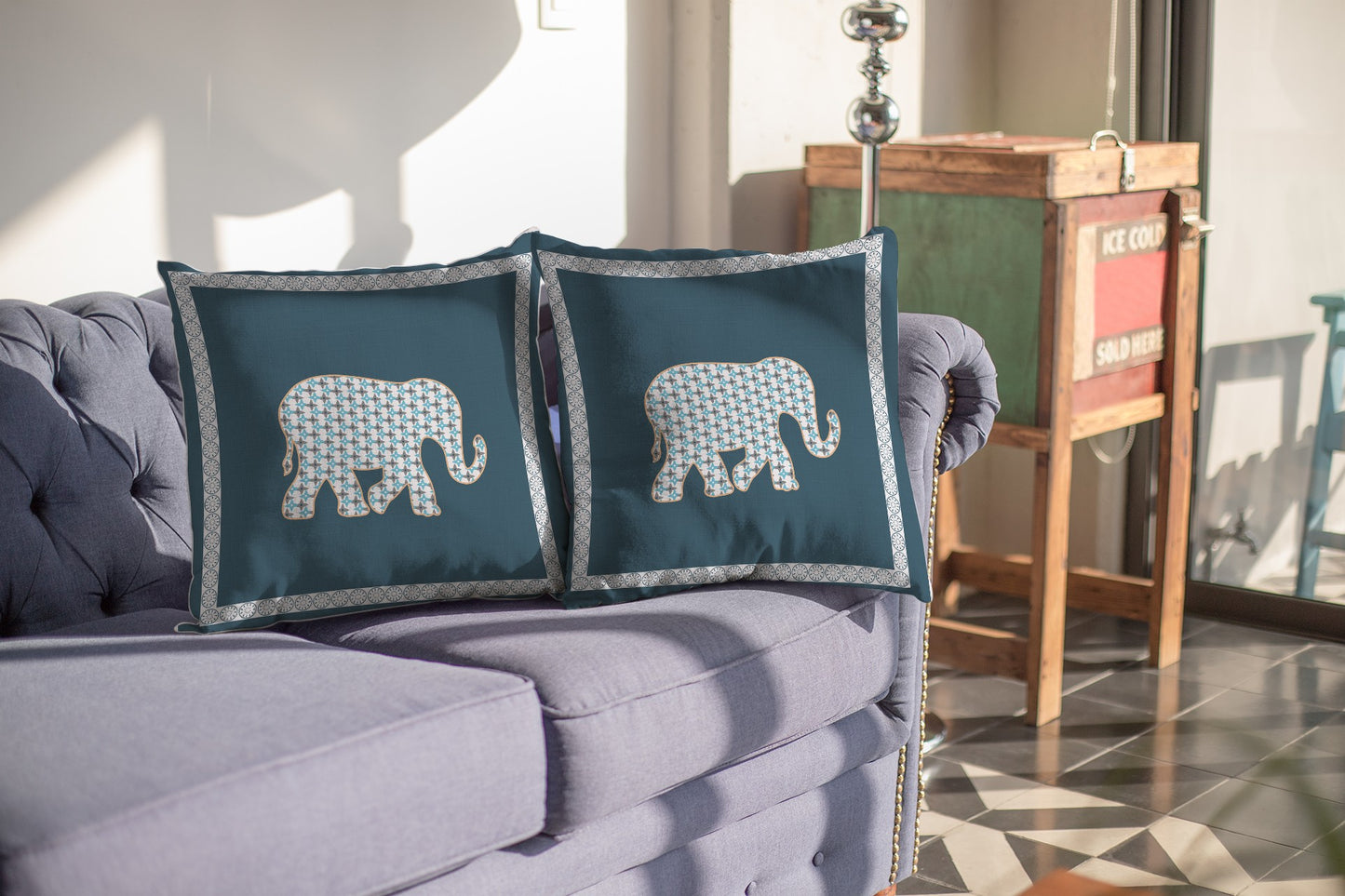 16” Spruce Blue Elephant Boho Suede Throw Pillow