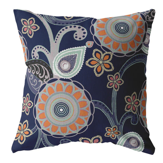 16” Indigo Orange Floral Suede Throw Pillow