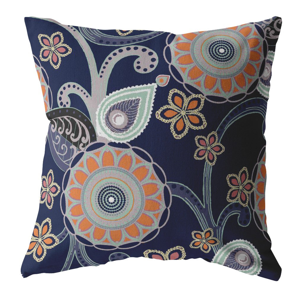 18” Indigo Orange Floral Suede Throw Pillow