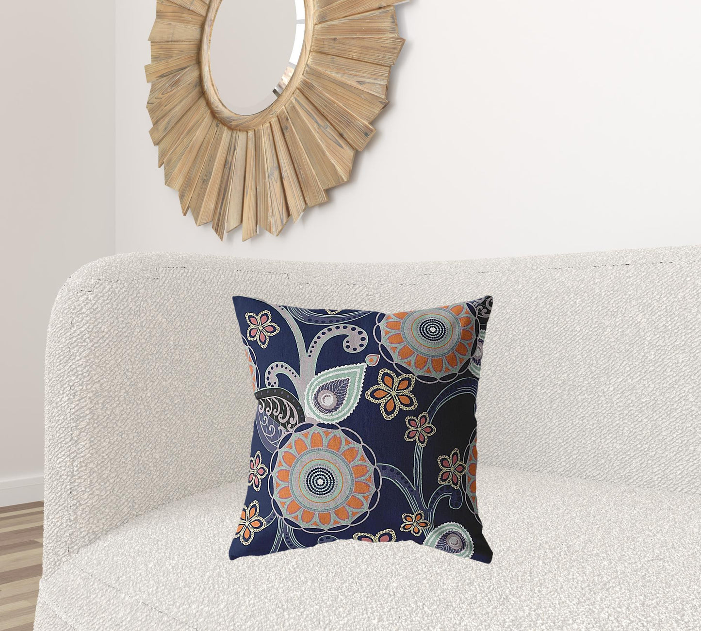 18” Indigo Orange Floral Suede Throw Pillow