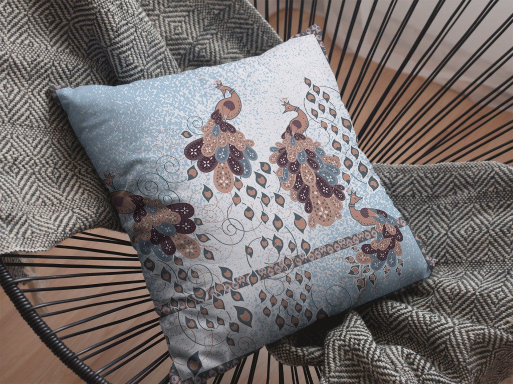 18” Blue Brown Boho Bird Suede Throw Pillow